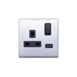 Lieber Polished Chrome 13A 1 Gang Switched Socket (3.1A) USB Outlet - Black Insert Screwless