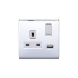 Lieber Polished Chrome 13A 1 Gang Switched Socket (3.1A) USB Outlet - White Insert Screwless