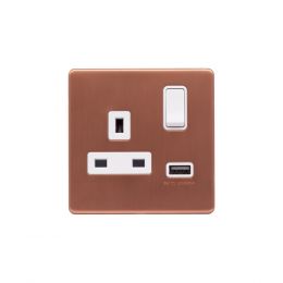 Lieber Brushed Copper 13A 1 Gang Switched Socket (3.1A) USB Outlet - White Insert Screwless