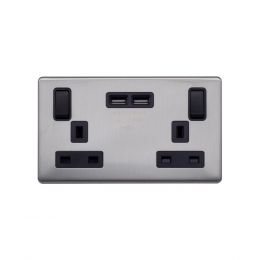 Lieber Brushed Chrome 13A 2 Gang Switched DP Socket 2xUSB Outlet (4.8A) - Black Insert Screwless