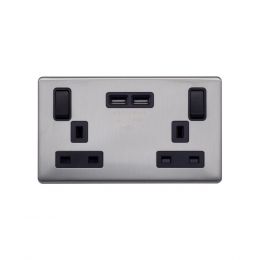 Lieber Brushed Chrome 13A 2 Gang Switched DP Socket 2xUSB Outlet (4.8A) - Black Insert Screwless