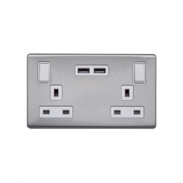 Lieber Brushed Chrome 13A 2 Gang Switched DP Socket 2xUSB Outlet (4.8A) - White Insert Screwless