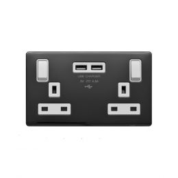 Lieber Black Nickel 13A 2 Gang Switched DP Socket 2xUSB Outlet (4.8A) - White Insert Screwless