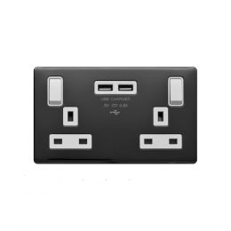 Lieber Black Nickel 13A 2 Gang Switched DP Socket 2xUSB Outlet (4.8A) - White Insert Screwless