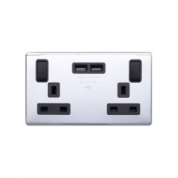 Lieber Polished Chrome 13A 2 Gang Switched DP Socket 2xUSB Outlet (4.8A) - Black Insert Screwless