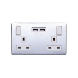Lieber Polished Chrome 13A 2 Gang Switched DP Socket 2xUSB Outlet (4.8A) - White Insert Screwless