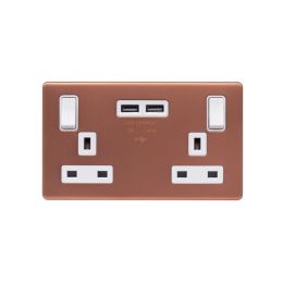 Lieber Brushed Copper 13A 2 Gang Switched DP Socket 2xUSB Outlet (4.8A) - White Insert Screwless