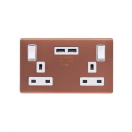 Lieber Brushed Copper 13A 2 Gang Switched DP Socket 2xUSB Outlet (4.8A) - White Insert Screwless