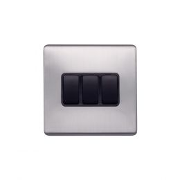 Lieber Brushed Chrome 10A 3 Gang 2 Way Switch - Black Insert Screwless