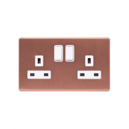Lieber Brushed Copper 13A 2 Gang Switched Socket, Double Pole - White Insert Screwless