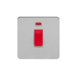 Soho Lighting Brushed Chrome Flat Plate 45A 1 Gang Double Pole Switch With Neon Single Plate Wht Ins Screwless