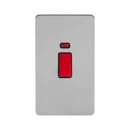 Soho Lighting Brushed Chrome Flat Plate 45A 1 Gang Double Pole Switch With Neon, Large Plate Blk Ins Screwless