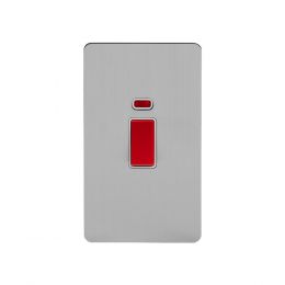 Soho Lighting Brushed Chrome Flat Plate 45A 1 Gang Double Pole Switch With Neon Large Plate Wht Ins Screwless