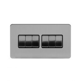 Soho Lighting Brushed Chrome Flat Plate 10A 6 Gang 2 Way Switch Blk Ins Screwless