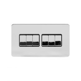 Soho Lighting Polished Chrome Flat Plate 10A 6 Gang 2 Way Switch Blk Ins Screwless