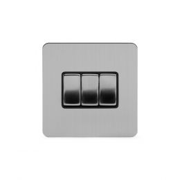 Soho Lighting Brushed Chrome Flat Plate 3 Gang Intermediate Switch Blk Ins Screwless