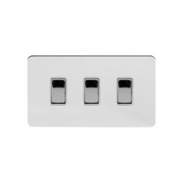 Soho Lighting Polished Chrome Flat Plate 10A 3 Gang Switch on Double Plate 2 Way Wht Ins Screwless