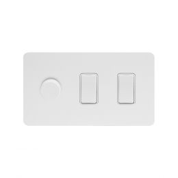white metal 3 gang light switch with 1 dimmer