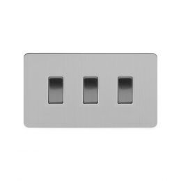 Soho Lighting Brushed Chrome Flat Plate 10A 3 Gang Switch on Double Plate 2 Way Wht Ins Screwless