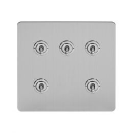 Soho Lighting Brushed Chrome Flat Plate 5 Gang Toggle Light Switch 20A 2 Way Screwless