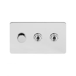Soho Lighting Polished Chrome Flat Plate 3 Gang Switch with 1 Dimmer (1x150W LED Dimmer 2x20A 2 Way Toggle)