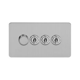Soho Lighting Brushed Chrome Flat Plate 4 Gang Switch with 1 Dimmer (1x150W LED Dimmer 3x20A 2 Way Toggle)