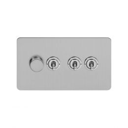 Soho Lighting Brushed Chrome Flat Plate 4 Gang Switch with 1 Dimmer (1x150W LED Dimmer 3x20A 2 Way Toggle)