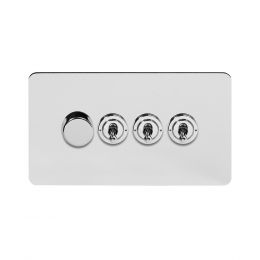 Soho Lighting Polished Chrome Flat Plate 4 Gang Switch with 1 Dimmer (1x150W LED Dimmer 3x20A 2 Way Toggle)