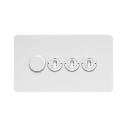 Soho Lighting White Metal Flat Plate 4 Gang Switch with 1 Dimmer (1x150W LED Dimmer 3x20A 2 Way Toggle)