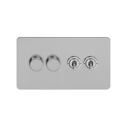 Soho Lighting Brushed Chrome Flat Plate 4 Gang Switch with 2 Dimmers (2x150W LED Dimmer 2x20A 2 Way Toggle)