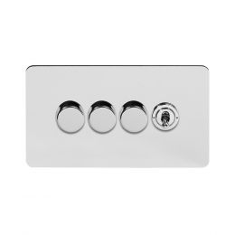 Soho Lighting Polished Chrome Flat Plate 4 Gang Switch with 3 Dimmers (3x150W LED Dimmer 1x20A 2 Way Toggle)