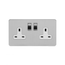 Soho Lighting Brushed Chrome Flat Plate 13A 2 Gang Switched Socket Double Pole Wht Ins Screwless