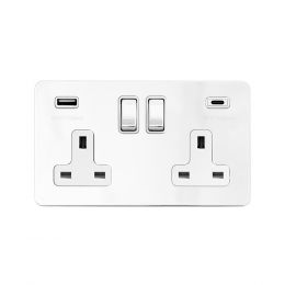 Soho Lighting Polished Chrome Flat Plate 2 Gang USB A+C Socket (13A Socket + 2 USB Ports A+C 3.1A)