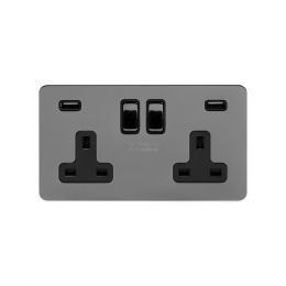 Soho Lighting Black Nickel Flat Plate 13A 2 Gang DP USB Switched Socket (USB Output 4.8amp) Blk Ins Screwless