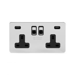 Soho Lighting Polished Chrome Flat Plate 13A 2 Gang DP USB Switched Socket (USB Output 4.8amp) Blk Ins Screwless