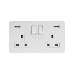 Soho Lighting White Metal Flat Plate 13A 2 Gang DP USB Switched Socket (USB Output 4.8amp) Wht Ins Screwless