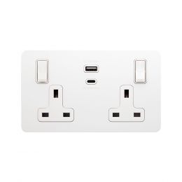 Soho Lighting White Metal Flat Plate 13A 2 Gang Super Fast Charge 45W USB A+C Socket