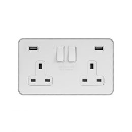 Soho Lighting White Metal Plate with Chrome Edge 13A 2 Gang DP USB Switched Socket (USB Output 4.8amp) Wht Ins Screwless
