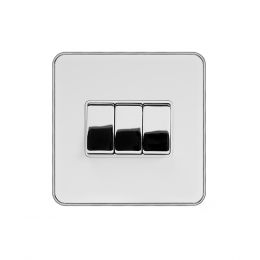 Soho Fusion White & Polished Chrome With Chrome Edge 10A 3 Gang Intermediate Switch White Inserts Screwless