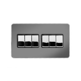 Soho Fusion Black Nickel & Polished Chrome With Chrome Edge 10A 6 Gang 2 Way Switch Black Insert Screwless