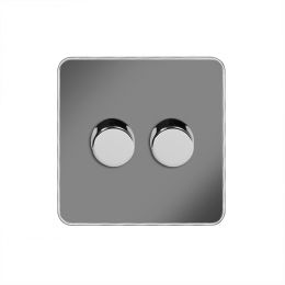 Soho Fusion Black Nickel & Polished Chrome With Chrome Edge 250W 2 Gang 2 Way Trailing Dimmer White Inserts Screwless