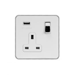 Soho Fusion White & Polished Chrome With Chrome Edge 13A 1 Gang DP USB Socket (USB 2.1amp) White Inserts Screwless