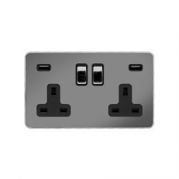 Soho Fusion Black Nickel & Polished Chrome With Chrome Edge 13A 2 Gang DP USB Socket (USB 4.8amp) Black Insert Screwless