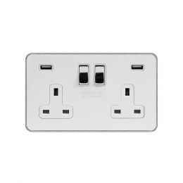 Soho Fusion White & Polished Chrome With Chrome Edge 13A 2 Gang DP USB Socket (USB 4.8amp) White Inserts Screwless