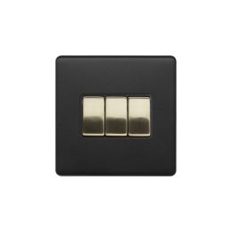 Soho Fusion Matt Black & Brushed Brass 10A 3 Gang 2 Way Switch Black Insert Screwless