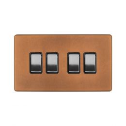 Soho Fusion Antique Copper & Brushed Chrome 10A 4 Gang 2 Way Switch Black Insert Screwless