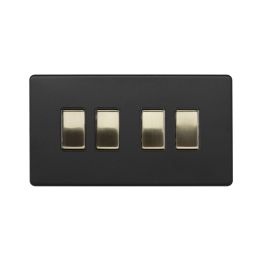 Soho Fusion Matt Black & Brushed Brass 10A 4 Gang 2 Way Switch Black Insert Screwless