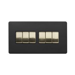 Soho Fusion Matt Black & Brushed Brass 10A 6 Gang 2 Way Switch Black Insert Screwless