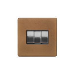Soho Fusion Antique Copper & Brushed Chrome 10A 3 Gang Intermediate Switch Black Insert Screwless