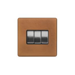 Soho Fusion Antique Copper & Brushed Chrome 10A 3 Gang Intermediate Switch Black Insert Screwless